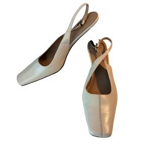 Danelle Slingback Block Heel Womens 9 Leather Made in Brazil Cream Square Toe 3"